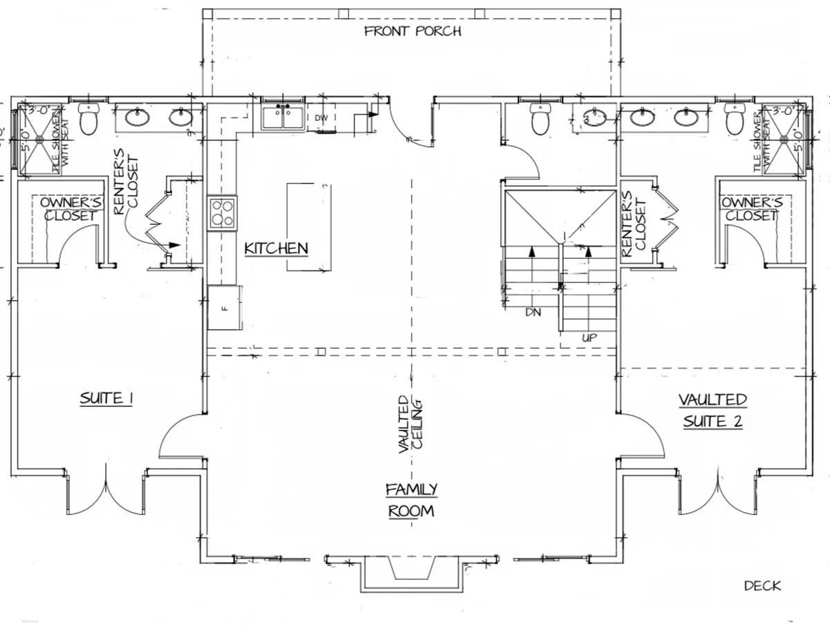 A seamless view from the modern kitchen and family room out onto the deck, with vaulted ceilings and suites visible. The open layout is spacious and filled with natural light, blending interior comfort with easy access to the outdoors.