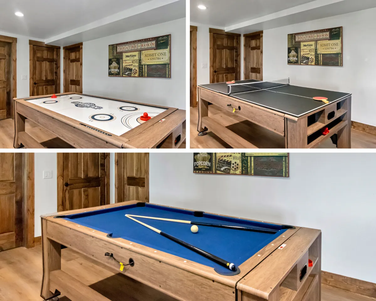 A vibrant game room with air hockey, ping pong, and pool tables, surrounded by vintage game posters. The atmosphere is lively and inviting, perfect for group gatherings and unwinding after a day outside.